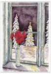 Blick durchs Fenster auf den Weihnachtsbaum 