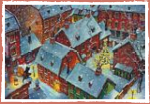 Weihnachtsmann (Troll) an heilig Abend schaut mit seiner Katze über die Dächer der Stadt 