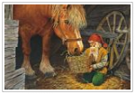 Sankt Nikolaus (Tomten) beim füttern des Pferdes 