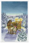 Weihnachtsmann mit Pferdeschlitten beladen mit Geschenken, auf dem Weg in die Stadt! 